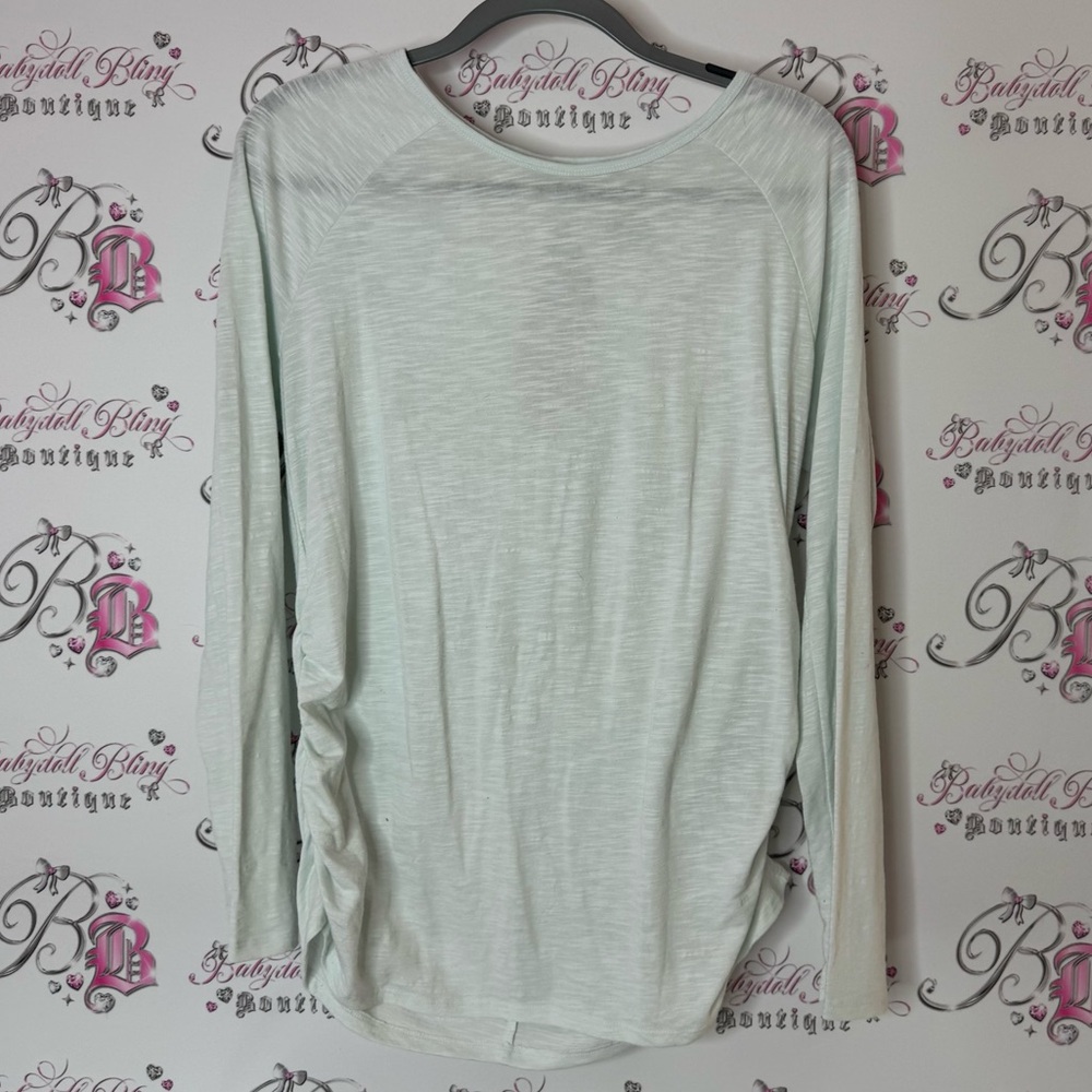 Askya Light Gray Long Sleeve Top keyhole opening on back light blue
